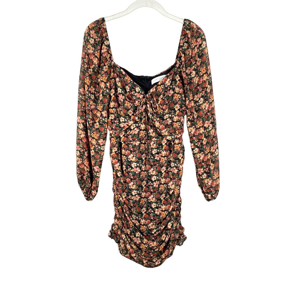 Floret Studios Dark Floral Print Long Sleeve Tie Bust Ruched Mini Dress Size S